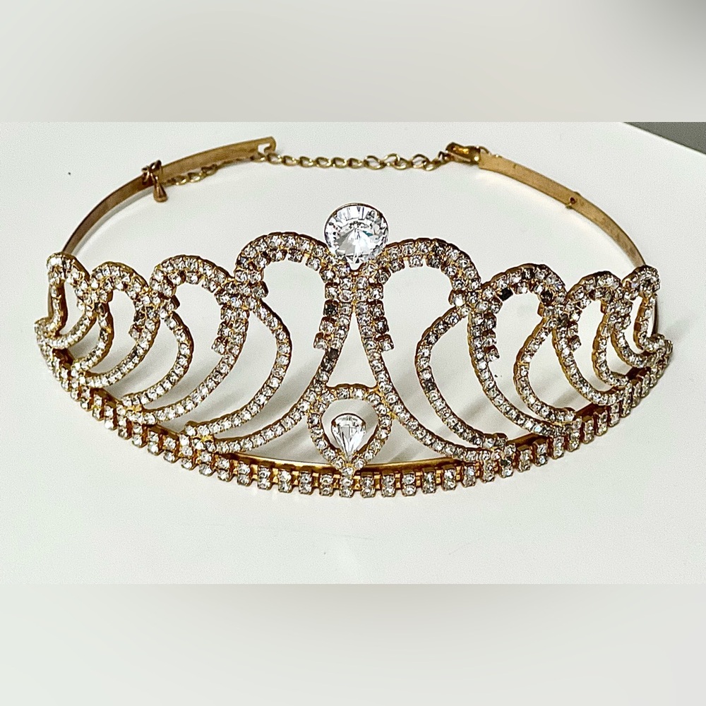 Mid Century Vintage Gold Tone Faux Diamond Jeweled Crown Tiara